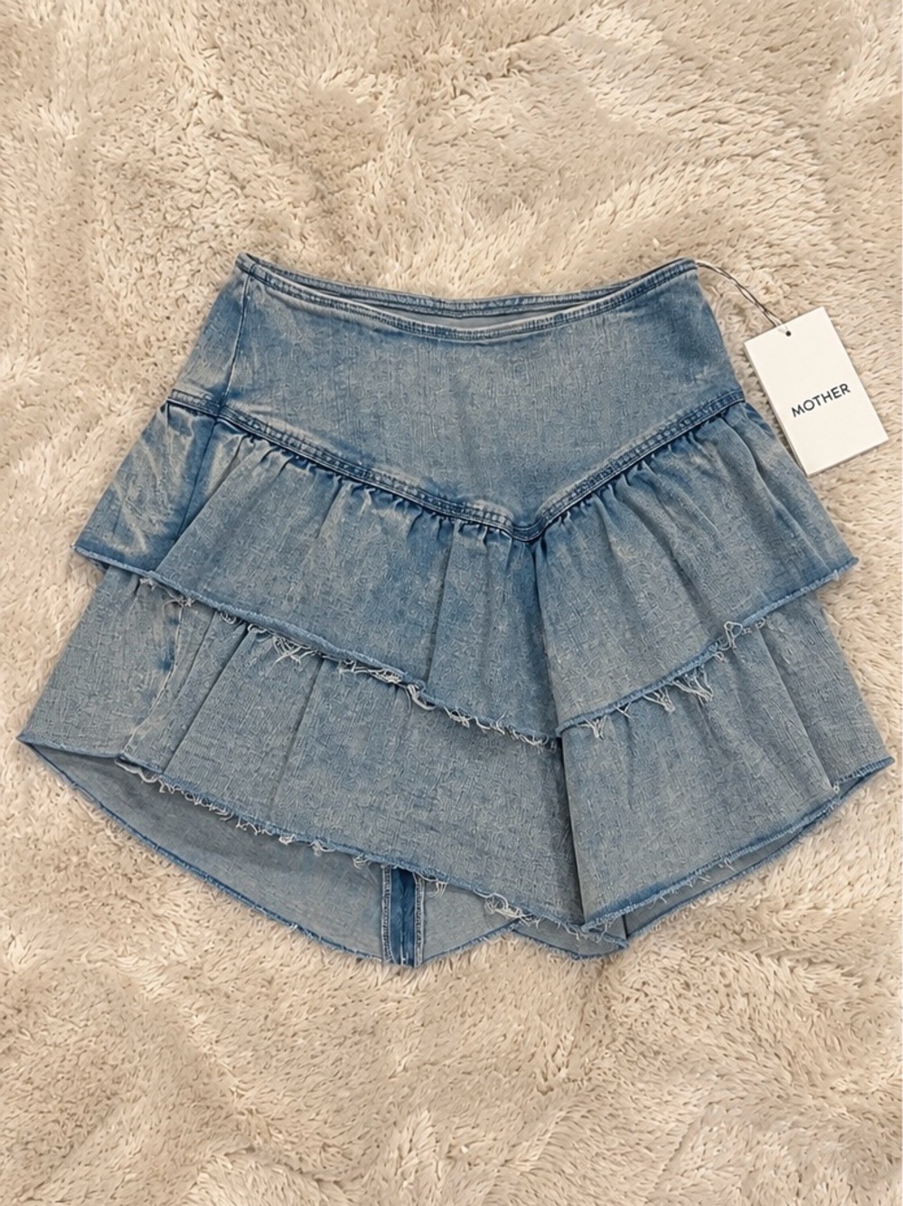 NWT MOTHER The Ruffle Mini Raw Edge Denim Skirt Light Wash Size 30